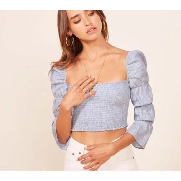 Reformation Tops - Reformation Maple Linen Blue Smocked Peasant Puff Sleeve Crop Blouse Size Large